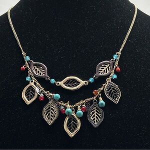 Vintage Gold And Black Enamel Leaf And Bead Necklace, Double Strand